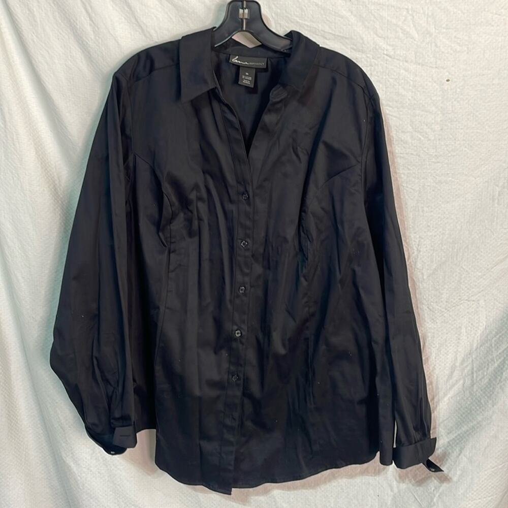 Lane Bryant 26 black shaped button down blouse shaped fit cotton spandex guc
